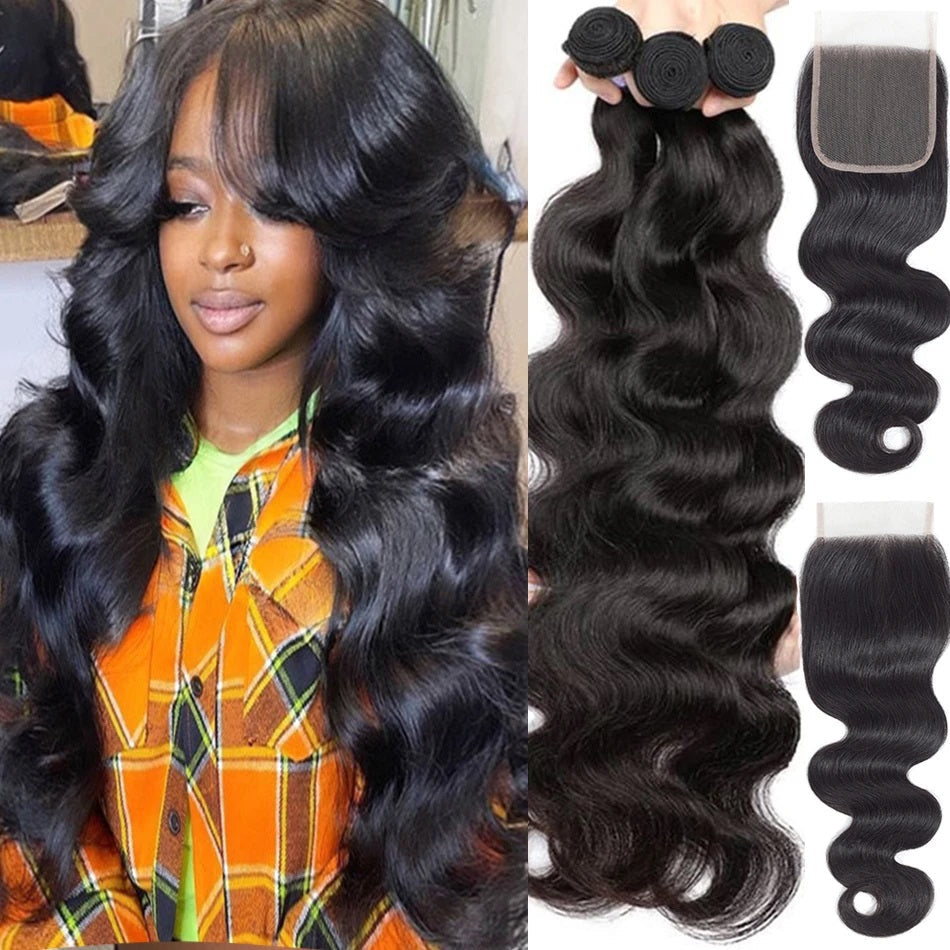 Mongolian Hair Body Wave Virgin Human Hair 3 Bundles With Lace Closure